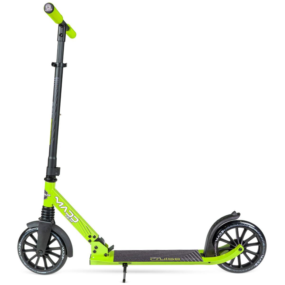 The Madd Gear Metro Cruise 250 Foldable Commuter Scooter in black and lime features large wheels, an adjustable handlebar, rear foot brake, and stand. Photographed on a white background.