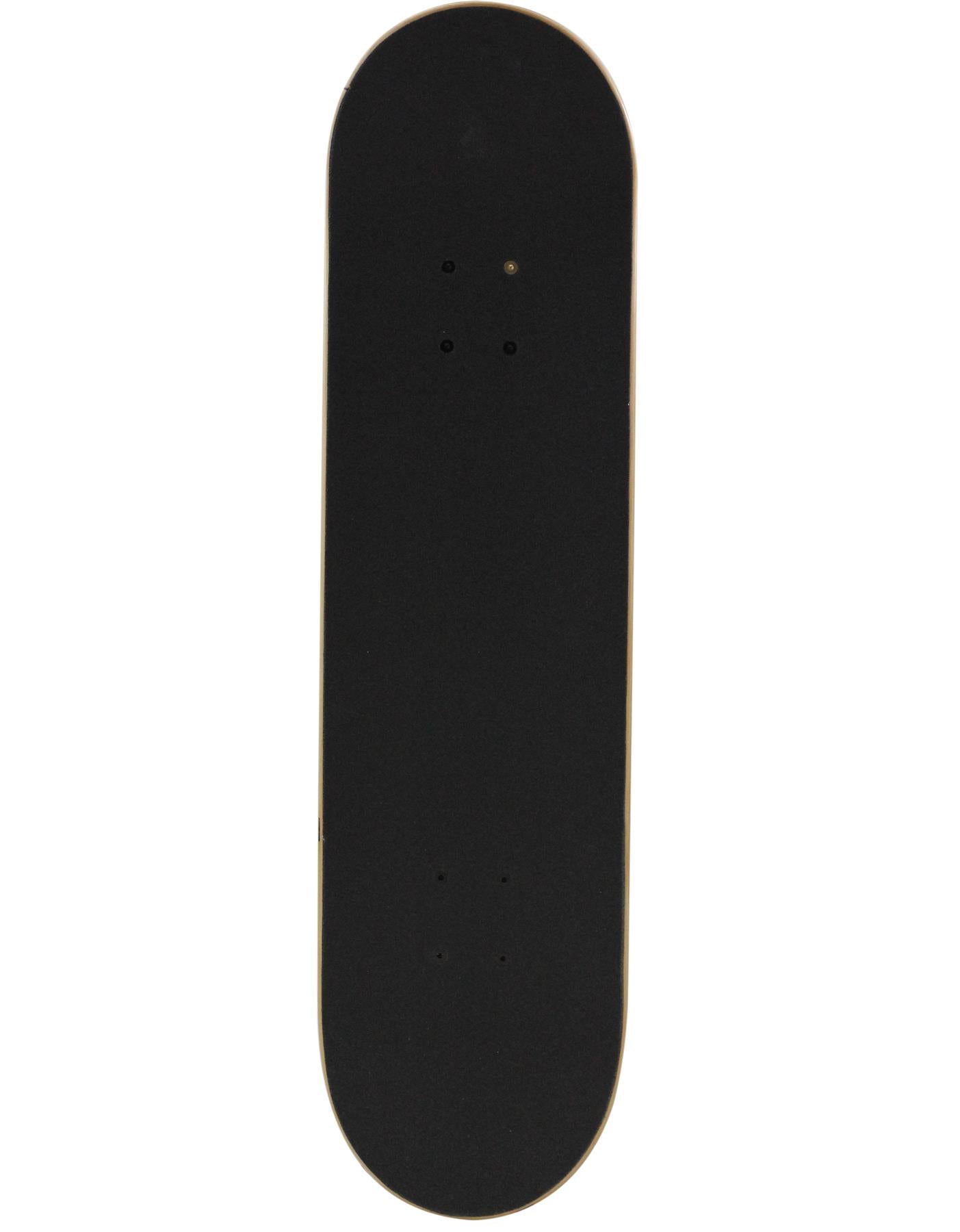 The Fracture Fade Series Orange Complete Skateboard (8" x 31.75") by Fracture is shown from above, featuring its plain grip tape, pre-drilled truck holes, rounded ends, and a clean deck with no visible wheels or graphics.