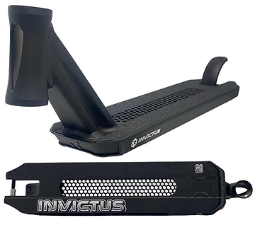 Root Industries Invictus V2 Black Stunt Scooter Deck (4.8" x 20") shown from the side, featuring a textured grip and logo, and from below, displaying a lightweight honeycomb pattern—ideal for stunt riders.