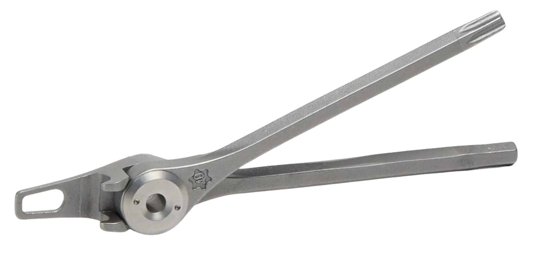 The Ethic Holy Scooter Tool T40 by Ethic, a silver metal tool with two long handles and a round hinged joint, resembling a heavy-duty clamp or plier, is displayed flat on a white background.