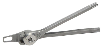 The Ethic Holy Scooter Tool T40 by Ethic, a silver metal tool with two long handles and a round hinged joint, resembling a heavy-duty clamp or plier, is displayed flat on a white background.