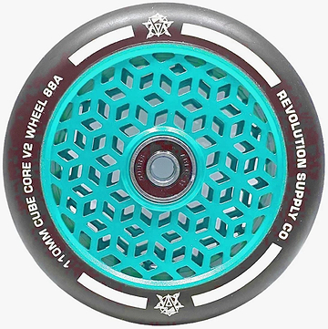 The Revolution Cubed Core Ultralite 110mm Stunt Scooter Wheel in aqua blue features a geometric honeycomb core, silver accents, black rim, white "110MM CUBE CORE V2 WHEEL 88A" text, and "REVOLUTION SUPPLY CO" branding around the edge.