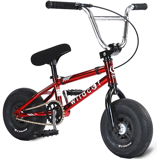 The Wildcat OG 3A Mini BMX Bike - Royal Red Bull features a small red and chrome frame with "Wildcat" in white, thick PRO Street 65PSI tires, black pedals and seat, and silver wide chromoly steel handlebars.
