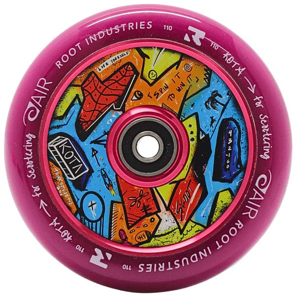 The Root Industries x KOTA Limited Edition AIR 110mm Stunt Scooter Wheel in purple features a vibrant, abstract core with geometric shapes, plus “ROOT INDUSTRIES” and “KOTA” Dakota Schuetz printed on the rim.