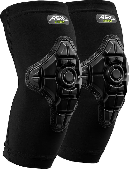 A pair of black REKD Energy Elbow Skate Protection Gaskets featuring a flexible, textured shell and REKD Energy Foam for advanced impact protection, with “REX Energy” branding on the upper part of each pad.