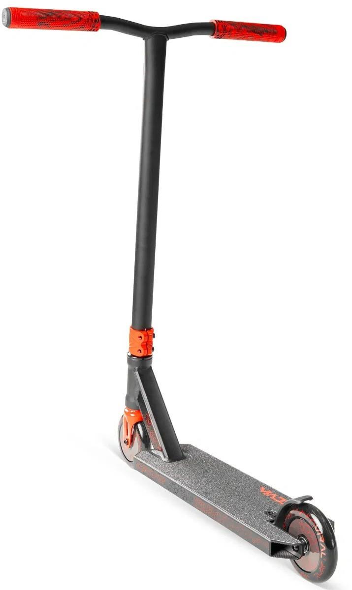 The Madd Gear Viral Rave Complete Stunt Scooter - Inferno features a black and orange design with red handlebar grips and red wheels, shown on a white background.