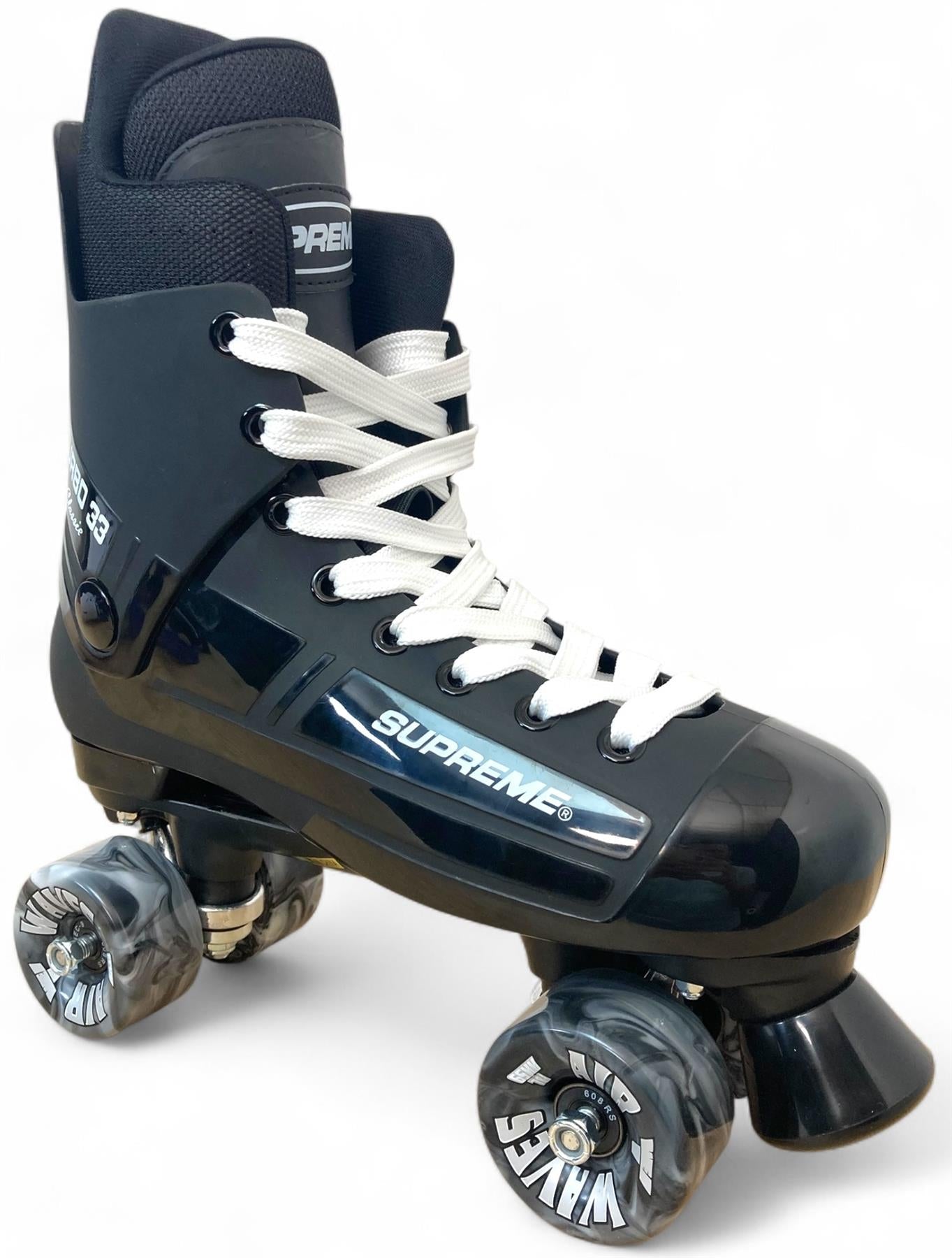 A Supreme Turbo 33 Nylon Quad Roller Skate in black with black swirl wheels labeled "WAVE," white laces, and "SUPREME" branding on the side, displayed against a plain white background.