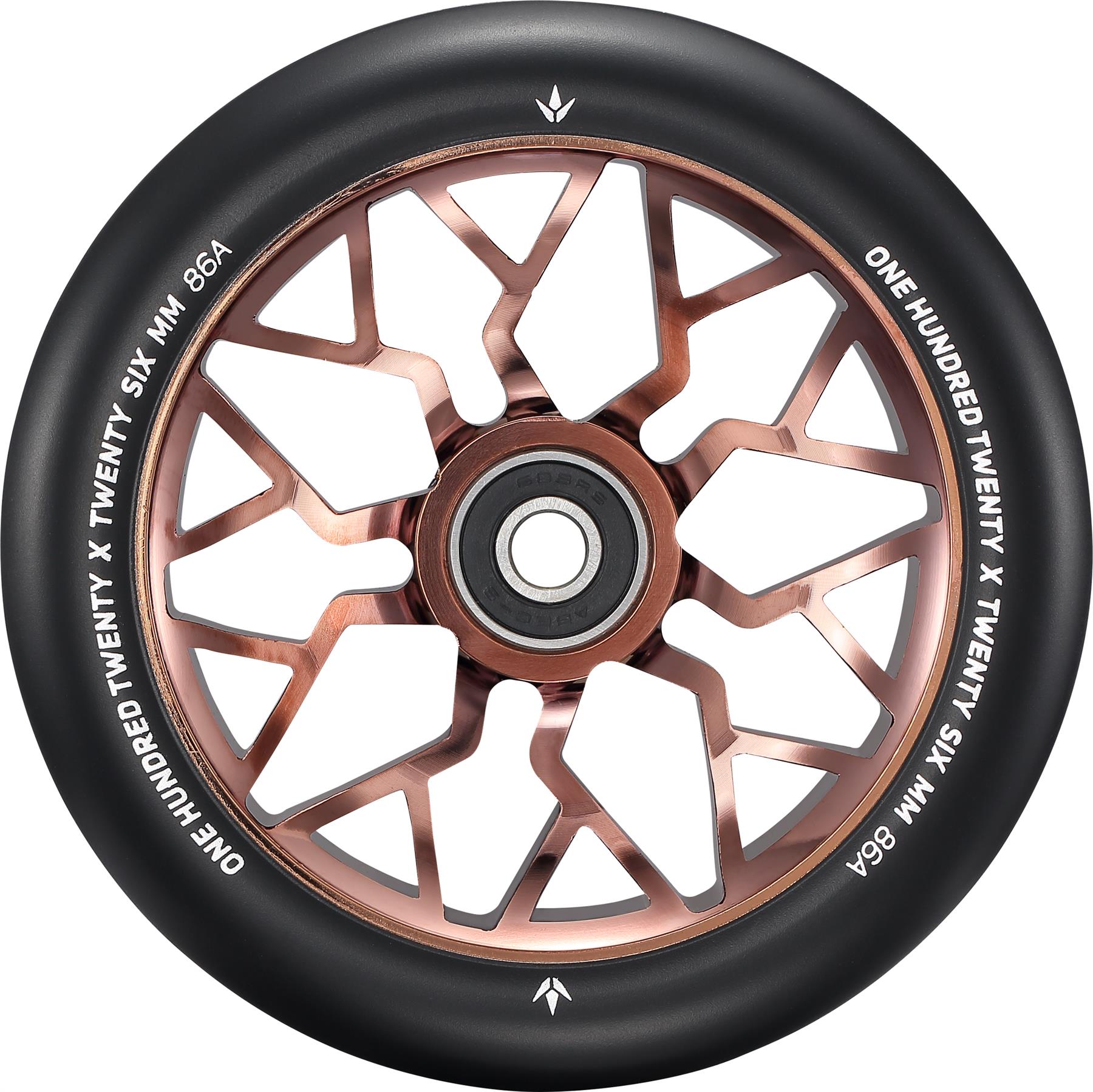 A close-up of the Blunt Envy Sector 120mm Stunt Scooter Wheel - Copper shows its metallic copper geometric spoke design and white tire text reading "ONE HUNDRED TWENTY X TWENTY SIX MM 86A.