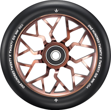 A close-up of the Blunt Envy Sector 120mm Stunt Scooter Wheel - Copper shows its metallic copper geometric spoke design and white tire text reading "ONE HUNDRED TWENTY X TWENTY SIX MM 86A.