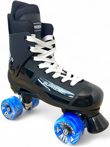 The Supreme Turbo 33 Nylon Quad Roller Skates in black feature white laces, blue swirl wheels, and "SUPREME" branding on the side. Inspired by classic nylon quads, they offer both style and comfort. Shown on a white background.