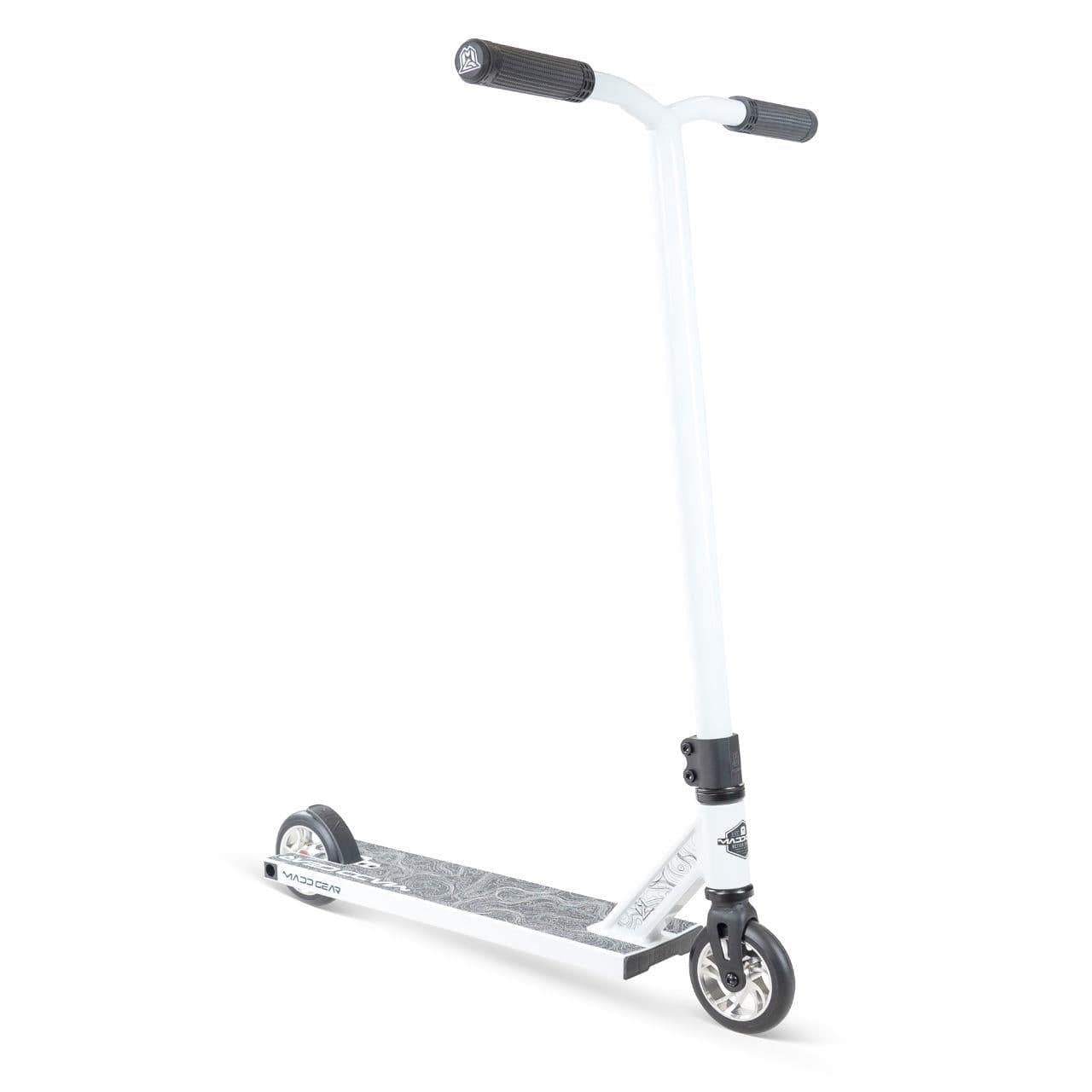 The Madd Gear (MGP) MG 4 Titan Complete Stunt Scooter in Arctic White, shown with black grips and a patterned deck on a white background, is ideal for action sports and stunt riding.