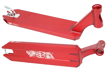 Two views of the Apex Pro Jett Williams Signature Red Stunt Scooter Deck (5" x 19.3") by Apex, featuring bold white artwork; one view highlights the top and the other shows off the deck’s unique shape and signature graphics.