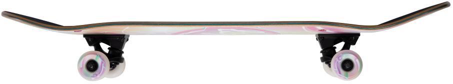 A side view of the Birdhouse Stage 3 Armanto Bubbles Complete Skateboard - 8" x 31.5", featuring a curved Canadian Maple deck, black trucks, and white wheels with pastel accents, isolated on a white background.