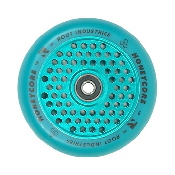 A blue Honeycore 110mm stunt scooter wheel by Root Industries, showcasing an ultra high rebound honeycomb pattern with a metal core and ABEC 11 bearings in the center. The outer edge is adorned with brand and model details in black text.