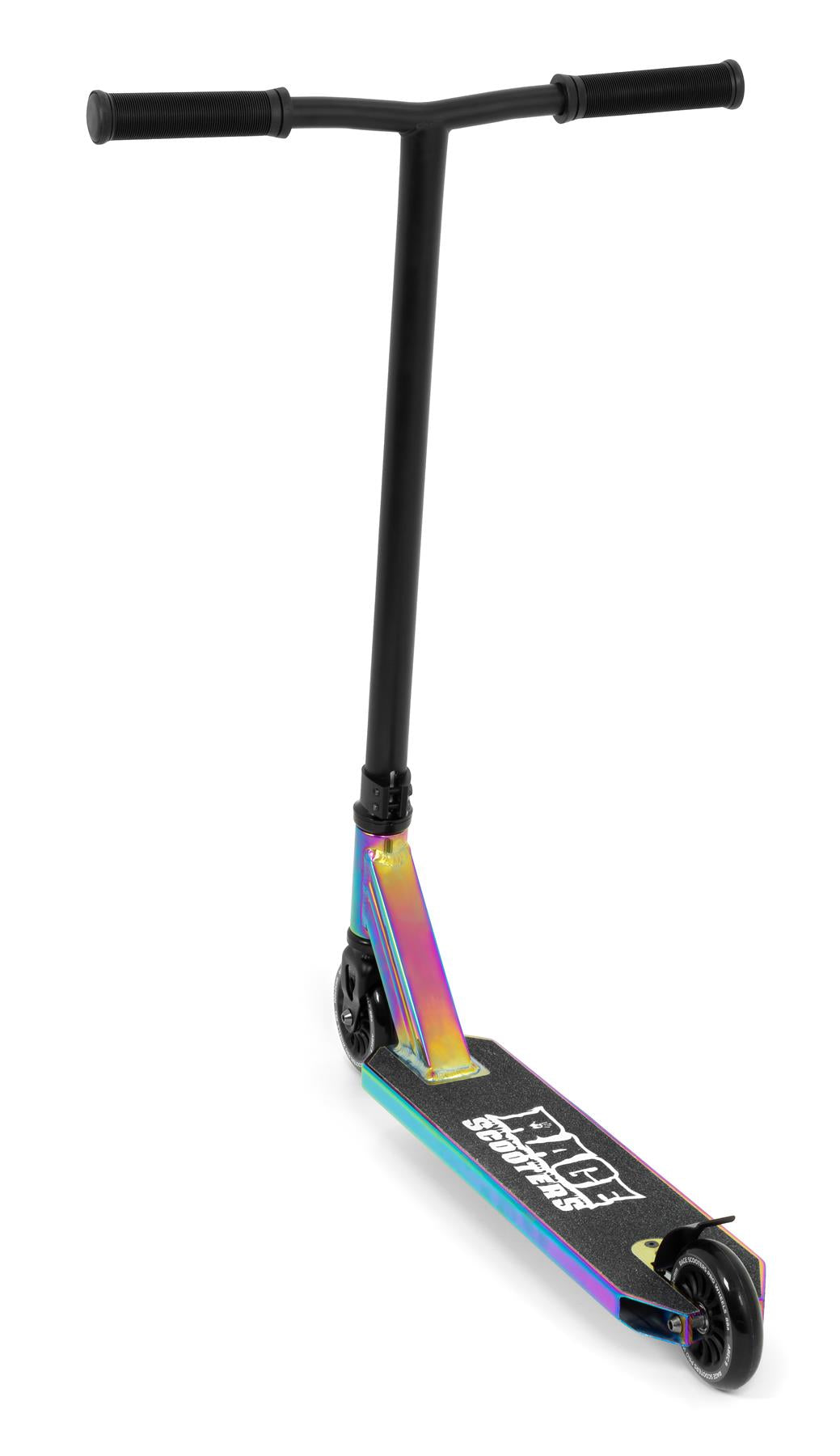 The Slamm Rage Complete Stunt Scooter - Neochrome features black handlebars and a colorful neochrome deck with "RAGE SCOOTERS" displayed, shown angled against a white background.