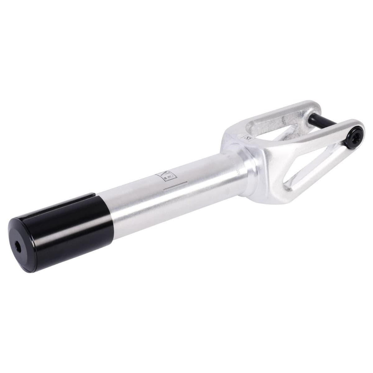 The UrbanArtt Anvil SCS/HIC Stunt Scooter Forks - Raw Silver feature a sleek, modern design with a cylindrical base. Crafted from durable 6061-T6 aluminium, these forks have an open-ended top and visible bolt holes for easy attachment of SCS/HIC compression.
