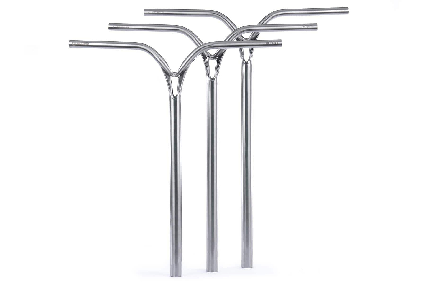 Three metallic scooter handlebars, including the Ethic DTC Deildegast V2 Steel Oversized HIC Stunt Scooter Bars in Raw Silver (670mm x 600mm) by Ethic, stand upright with a Y-shaped design against a plain white background.