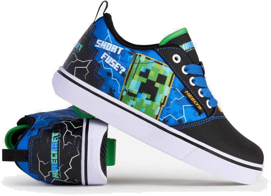 A pair of Heelys x Minecraft Pro 20 Boys Shoes in black, blue, and green with Creeper graphics and pixelated designs—one shoe stands upright while the other lies on its side.