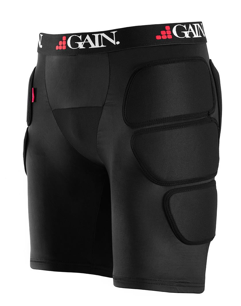 GAIN Protection "The Sleeper" Hip/Bum Skate Protection Shorts in black feature impact foam panels on the thighs and hips, an elastic waistband with "GAIN" in white and red, offering ideal bum protection for high-intensity activities.