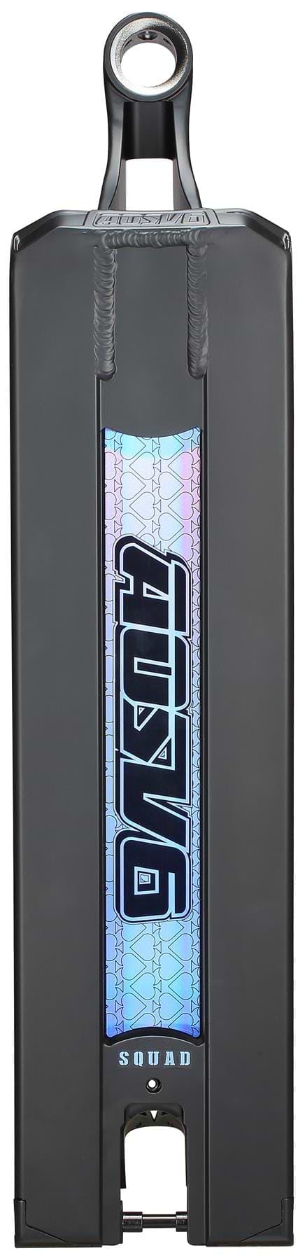 The Blunt Envy AOS V6 Squad Black Stunt Scooter Deck (6" x 22") features a shiny iridescent "SQUAD" graphic on the bottom and a circular neck cutout.