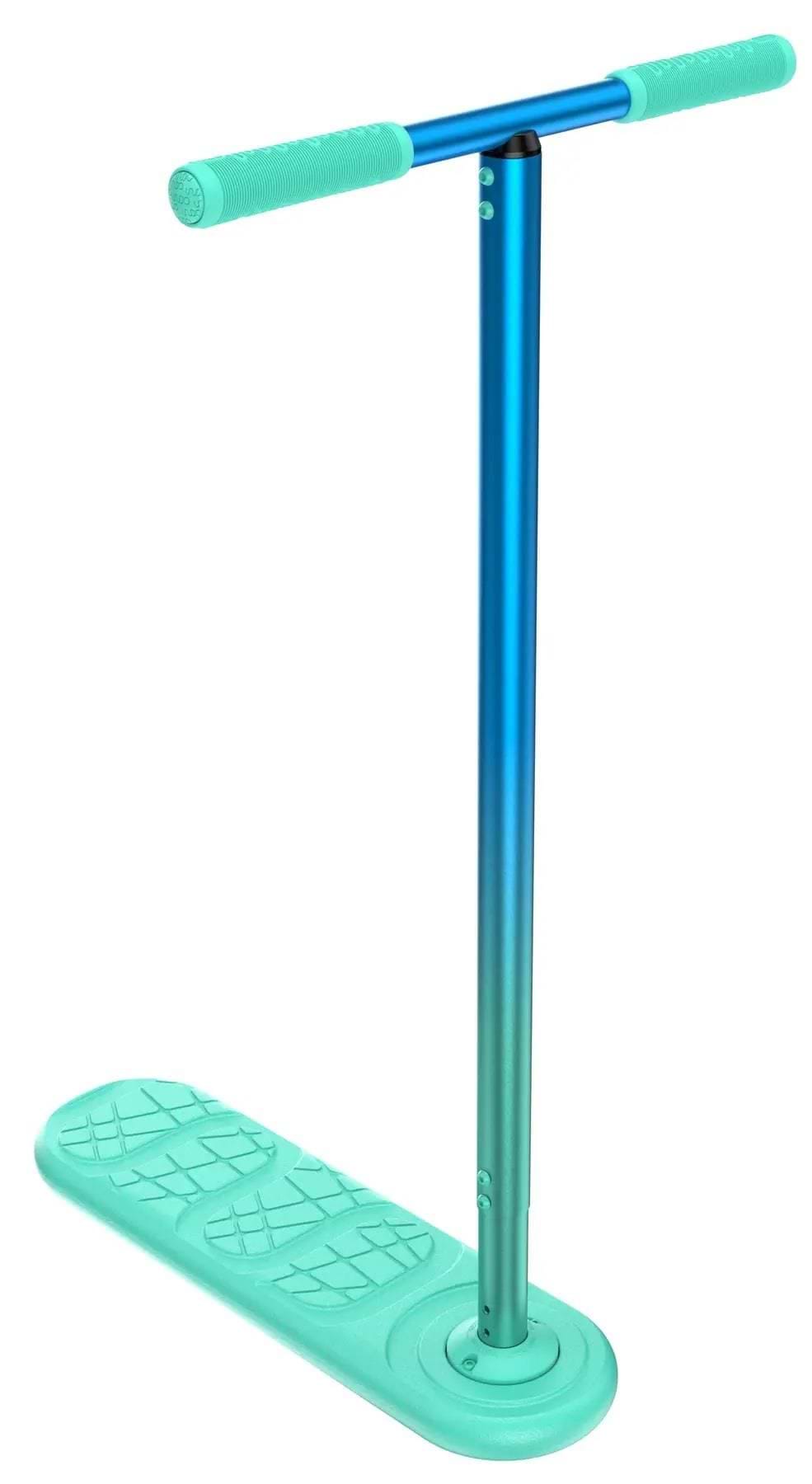 The INDO Kickstart Classic Indoor Trampoline Stunt Scooter - Neon by INDO features a textured footboard, lightweight flexible frame, and adjustable T-bar handle, shown in teal and blue against a white background.