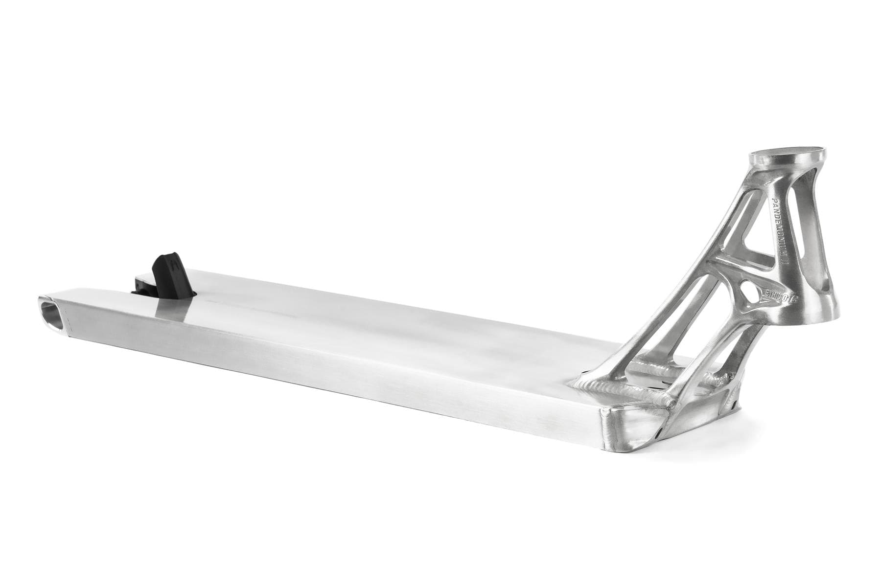The Ethic DTC Pandemonium V2 Boxed Raw Stunt Scooter Deck (5.5" x 21.3") by Ethic is a lightweight silver 6061-T6 aluminium deck with an angular open-frame neck, rear brake, smooth surface, and front wheel cutout.