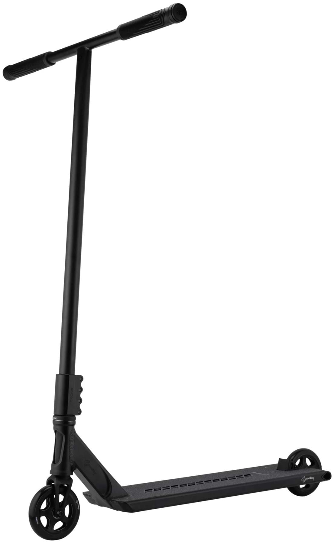 The Drone Nexus Kai Saunders 'Saundezy' Signature Stunt Scooter by Drone is shown upright against a white background, featuring a black finish, two small wheels, narrow deck, and T-shaped handlebar.
