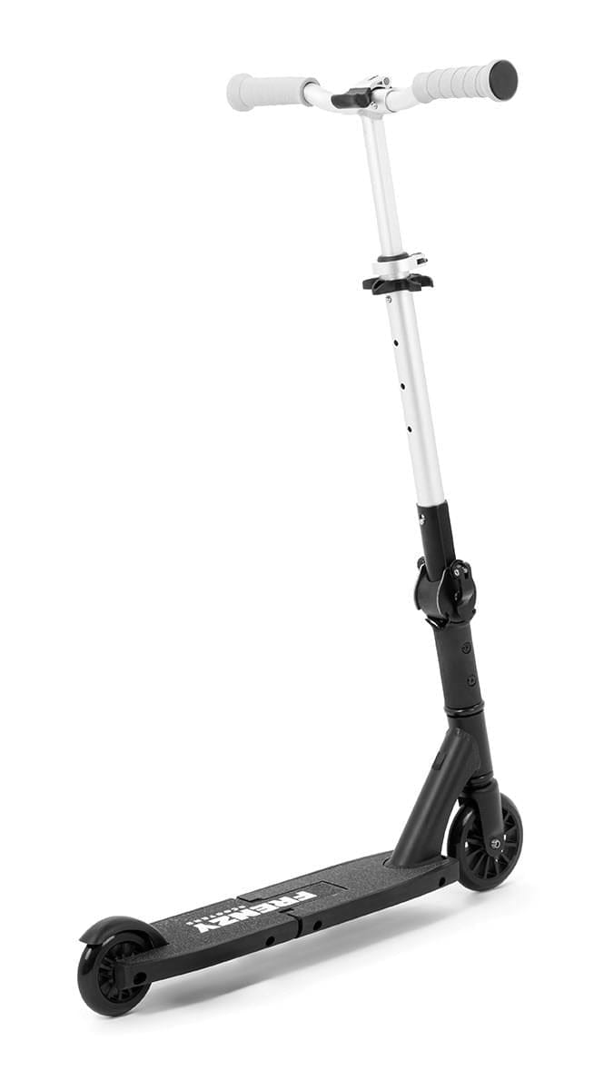 The Frenzy Flex 120mm Recreational Scooter by Frenzy, in black and silver, features adjustable handlebars, grip tape, two small wheels, and a patented folding mechanism for compact storage. Shown against a plain white background.