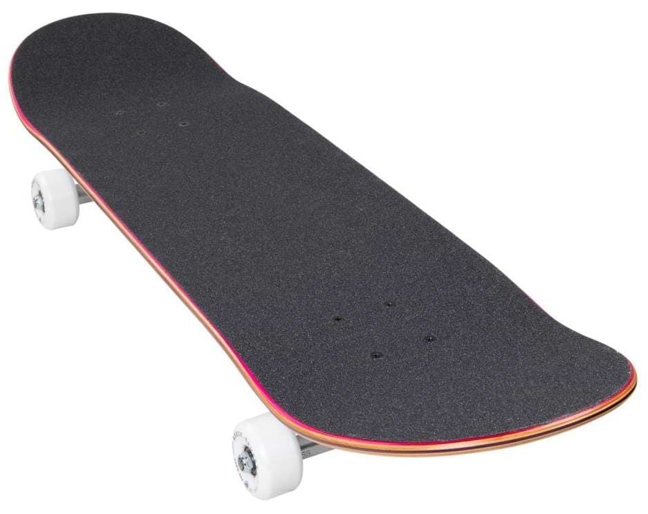 The Arbor Street Chroma Multi Complete Skateboard (8.5" x 32.25") features a black grip tape surface, white wheels, and visible wooden layers on a durable Canadian maple deck—shown on a white background.