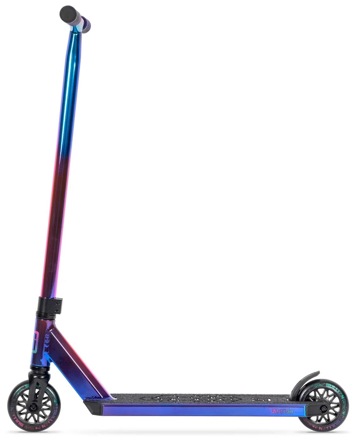 The Sullivan Antic V2 Complete Stunt Scooter - Aurora by Sullivan features a blue-to-purple gradient finish, black handlebars and deck with grip tape, and black spoked wheels. Perfect for kids to perform tricks at the skatepark. Shown in side profile on white.