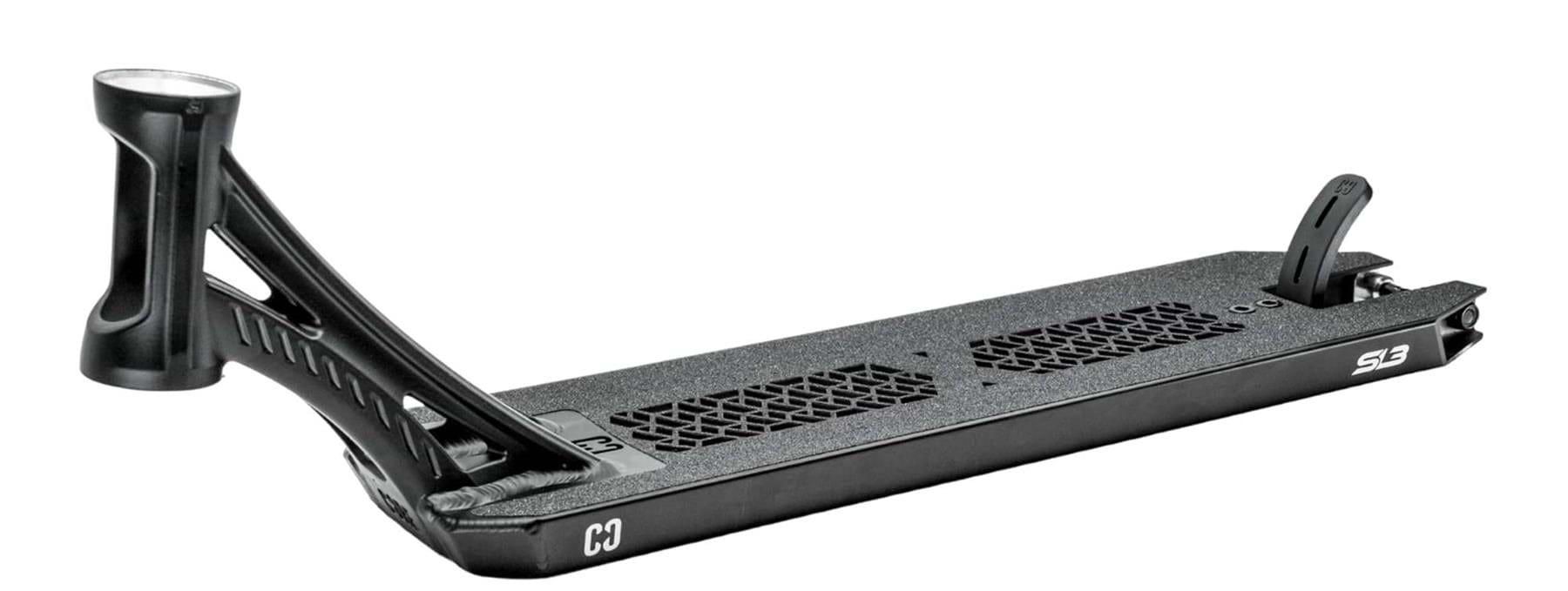 The CORE SL3 Forged Black Stunt Scooter Deck (5.25" x 19.3"/20.5") by CORE is shown on a white background, featuring a textured footplate, angular neck, cut-out designs, and integrated rear brake.