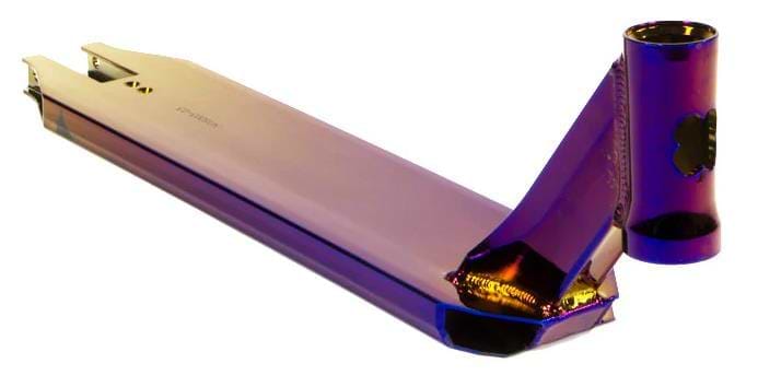 The Lucky Covenant Neo Purple Stunt Scooter Deck - 4.5" x 20.5" by Lucky features a shiny iridescent purple and gold finish, angular design, precision TIG welding, and a cutout near the head tube for a pro look.