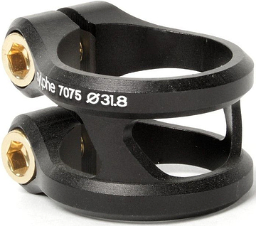 The Ethic DTC Sylphe V1 2 Bolt Standard Stunt Scooter Clamp - Black by Ethic is a lightweight black aluminum clamp featuring two gold hex bolts and "7075 Ø31.8" labeling on the side, commonly used for securing parts on stunt scooters or bikes.