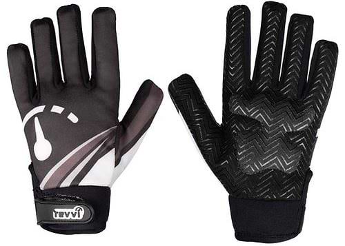 The Revvi Long Finger Tech Kids Bike Protection Gloves by Revvi feature a zigzag grip and padded palm on one glove, with the other showing a white and grey graphic back design and a Velcro strap. Color: Black.