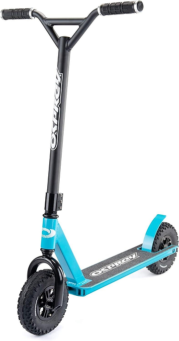 The Osprey Complete Dirt Scooter - Blue features large rugged pneumatic wheels, a wide foot deck, and Osprey branding on the handlebar. It is shown at an angle against a white background.