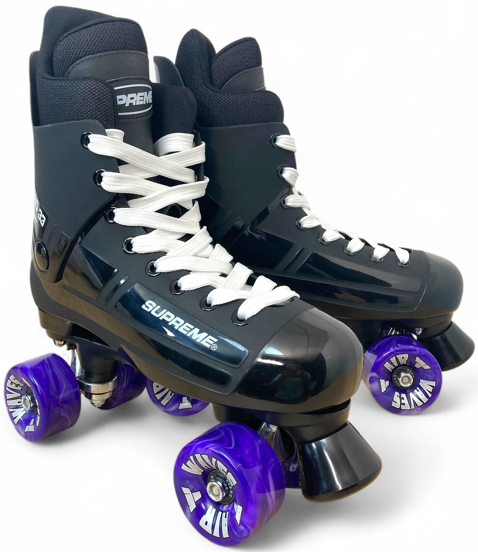 A pair of Supreme Turbo 33 Nylon Quad Roller Skates in black with purple swirl wheels and white laces, by Supreme, placed side by side on a white background.