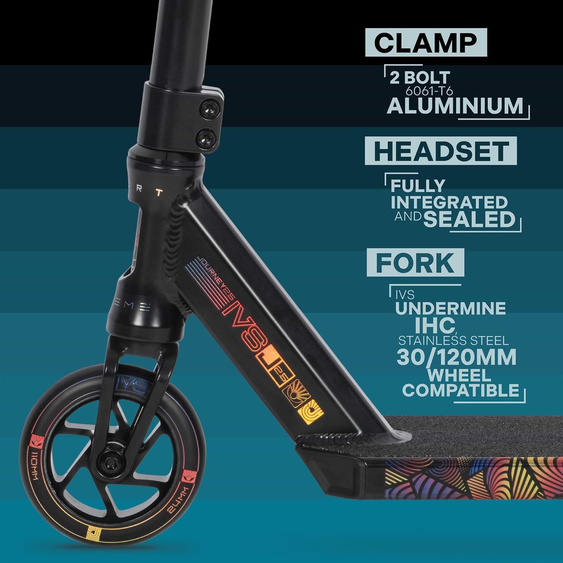 Close-up of the Invert Supreme Journey 2.5 Jamie Hull Stunt Scooter - Berserk by Invert, showing its 2-bolt 6061-T6 aluminum clamp, fully integrated sealed headset, and IVS fork for 30/120mm wheels—ideal for intermediate riders.