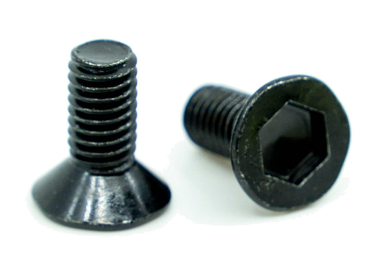 A pair of CORE Replacement Stunt Scooter Brake Bolts by CORE, black high-tensile steel with flat hex socket heads, shown on a white background—perfect for replacing your scooter brake bolts.