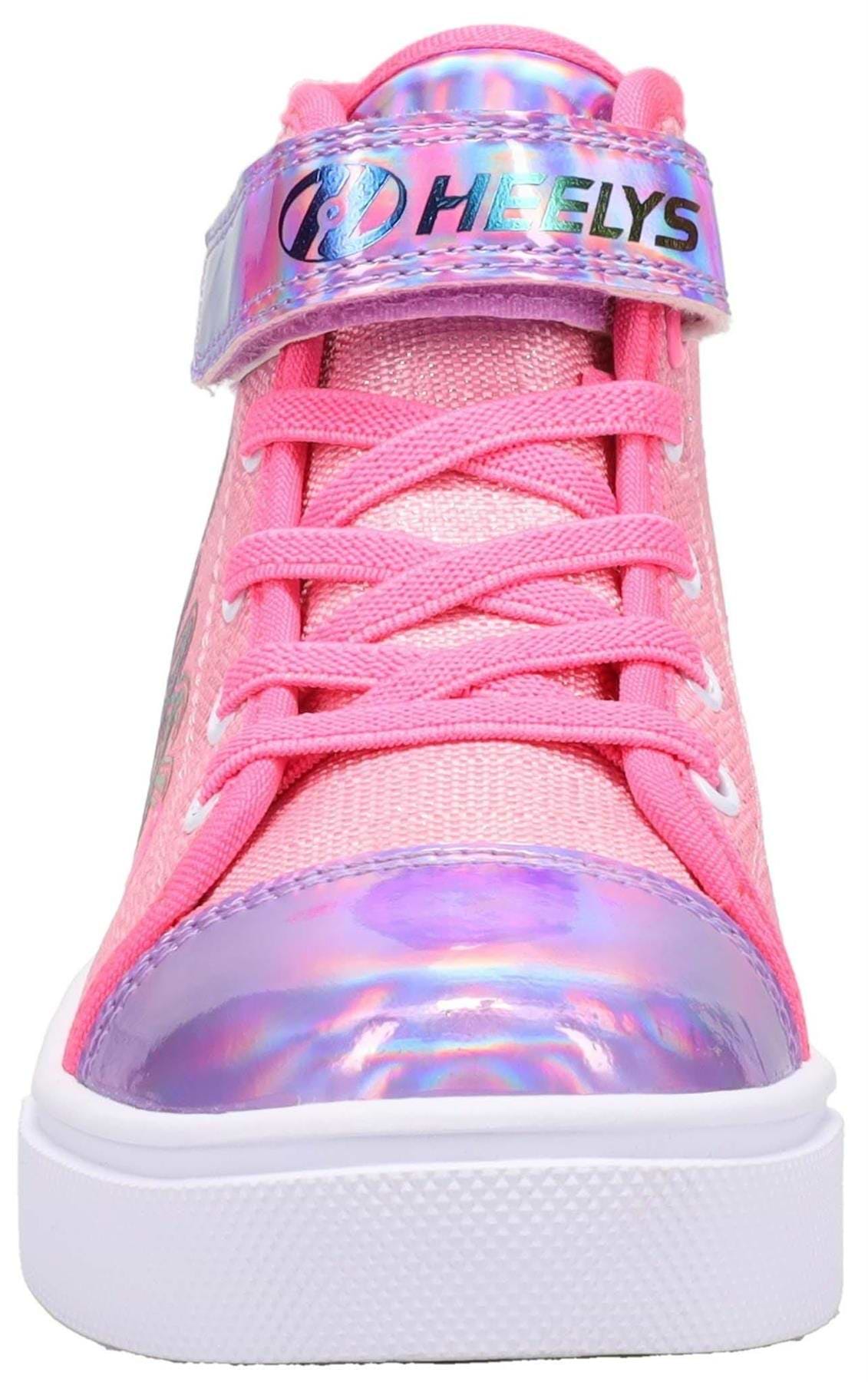 Front view of Heelys Veloz X2 Prints Girls Shoes in Prism Pink/Neon Pink/Multi, featuring iridescent accents, pink laces, Velcro strap with Heelys logo, low-profile wheels, synthetic upper, white sole, and mesh texture.