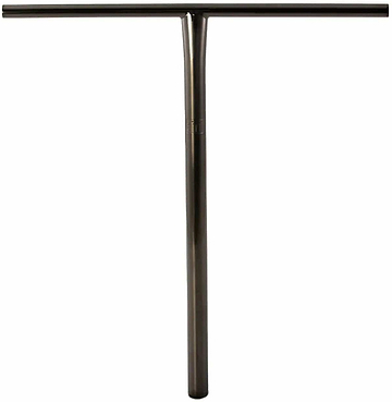 A stylish black metal T-shaped scooter handlebar, designed with a central vertical stem and a horizontal grip section at the top, reminiscent of the Lucky Obsidian Titanium Oversized SCS Stunt Scooter T-Bar - Black 660mm x 660mm by Lucky, set against a white background.