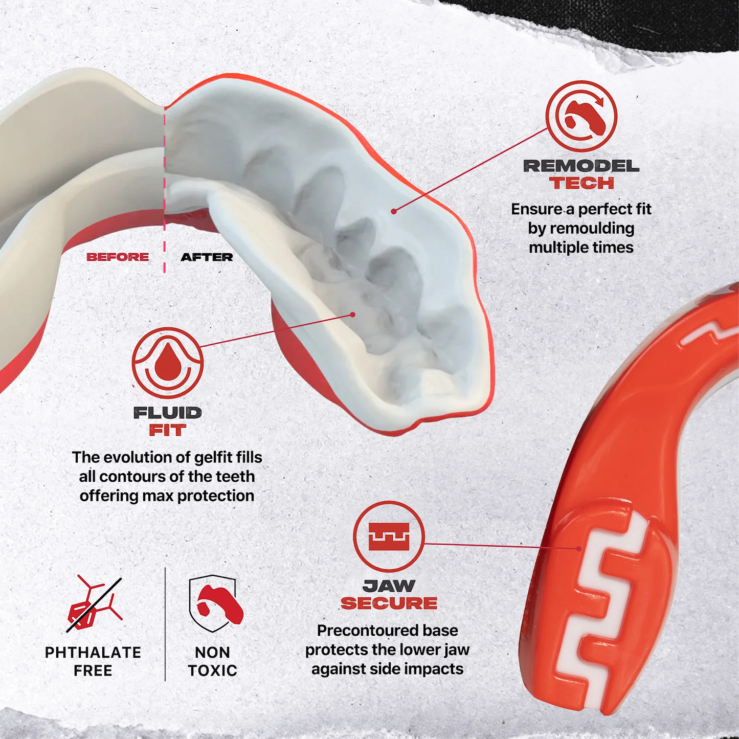 The Safejawz Extro Series Protection Mouthguard - Viper is shown in red and white, featuring remodel tech for a perfect fit, fluid fit for maximum protection, jaw secure for lower jaw safety, and made from phthalate-free, non-toxic materials.