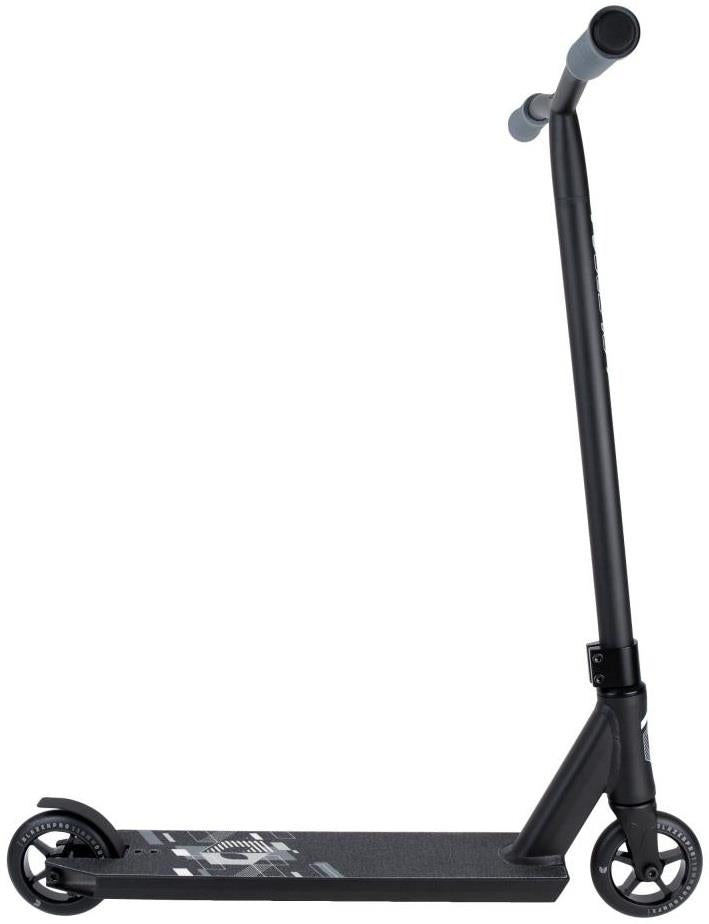 The Blazer Pro Outrun 3 Complete Stunt Scooter by Blazer Pro is a black kick scooter with two small wheels, straight handlebars with grey grips, and a textured deck—perfect for beginners. Displayed in side view on a white background.