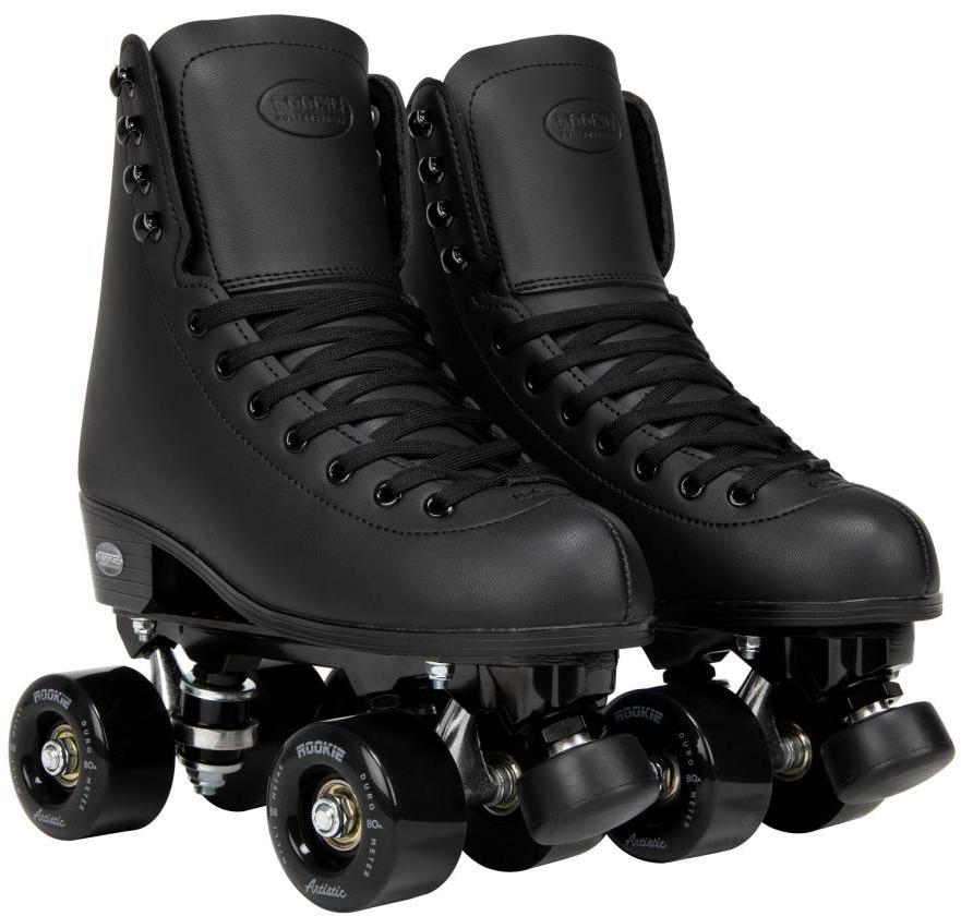 A pair of Rookie Artistic Quad Roller Skates - Black by Rookie, featuring high-top vegan leather boots, black laces and wheels, and smooth ABEC-7 bearings, shown side by side on a white background.