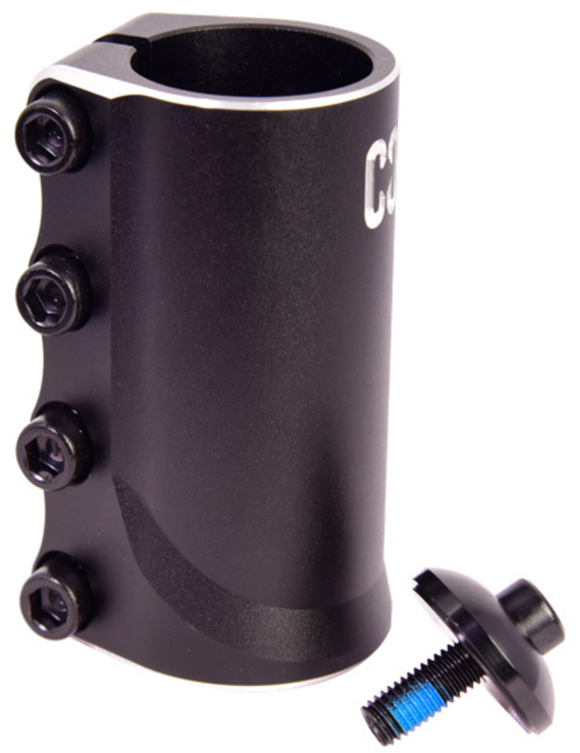 The CORE Aura 4 Bolt Oversized SCS Stunt Scooter Clamp in black features four side hex bolts, shown alongside a separate black bolt with blue thread locker and a matching washer.