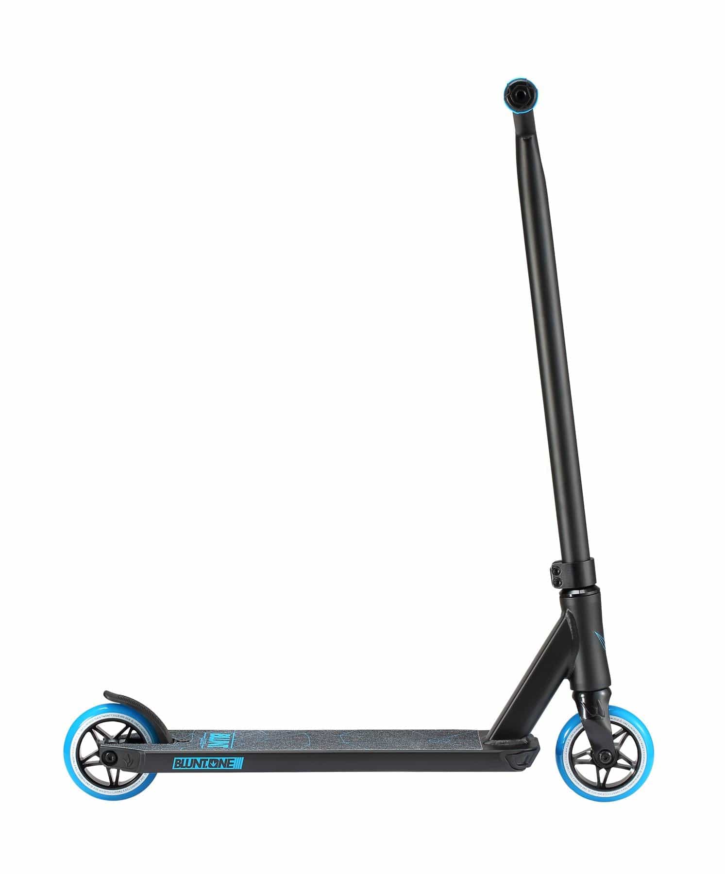 The Blunt Envy ONE S3 Complete Stunt Scooter is a stylish black scooter designed for young riders, featuring blue-accented wheels and grip tape. It comes with a T-bar handlebar and a durable deck, making it ideal for tricks and performance riding. Its minimalist design adds a modern touch to any journey.