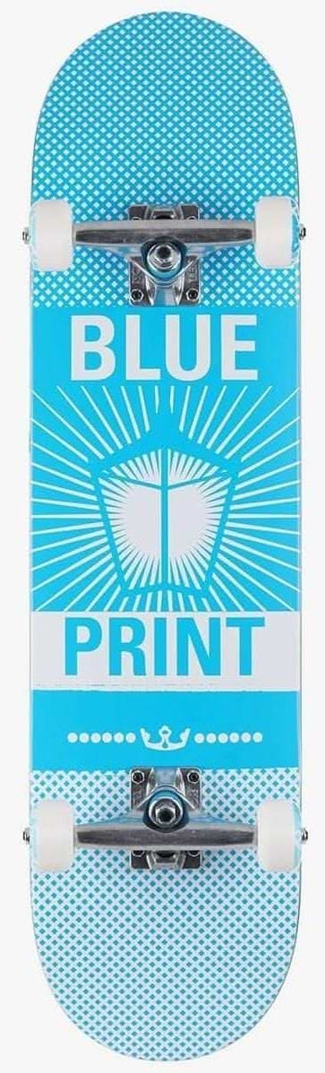 The Blueprint Pachinko Fade Blue / White Complete Skateboard (8" x 31.5") features a blue deck with "BLUE" and "PRINT" text above and below a lamp graphic, plus white wheels/trucks—ideal for learning technical tricks.