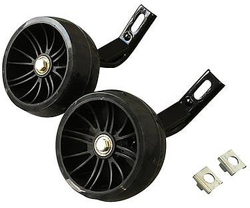 Two black plastic 12" balance wheels with metal brackets and small mounting plates from Revvi, shown on a white background—compatible with Revvi balance bike models.