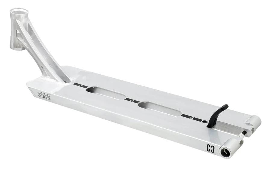 Introducing the CORE ST2 Forged Polished Street Stunt Scooter Deck, measuring 6" x 22". This deck boasts a sleek silver design with distinctive cutout details on its surface. It features a black rear brake and a forged headtube at the front, making it ideal for street riding, with minimal branding on the sides.