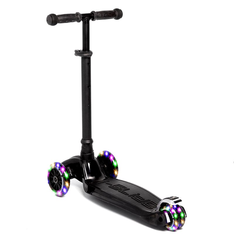 The I-Glide 3-Wheel LED Kids Scooter - Black showcases a stylish black design with eye-catching LED lights in its wheels. It includes an adjustable height handlebar and T-shaped grips, providing a spacious deck for stability and excitement, making it ideal for adventurous young riders.