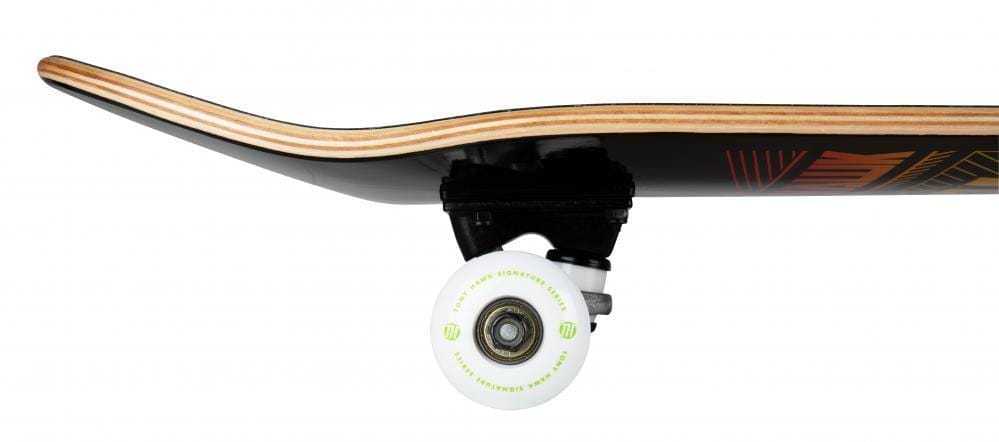 Side view of the Tony Hawk SS 180+ Stacked Logo Black Complete Skateboard (8" x 31.5") by Tony Hawk, ideal for beginners, featuring a curved wooden deck, black truck, and white wheel against a white background.